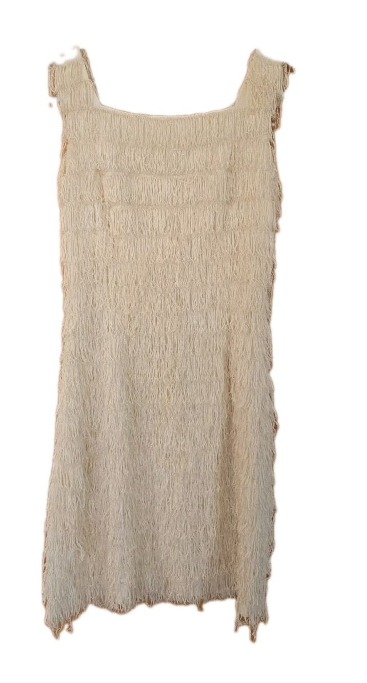 Vintage Flapper Dress (S) white cream art deco fringe MCM 60s 70s costume